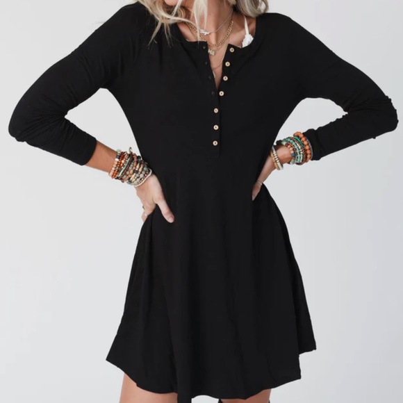 NWT Black Button Henley Skater Fit & Flare Little Black Dress LBD - Picture 5 of 8